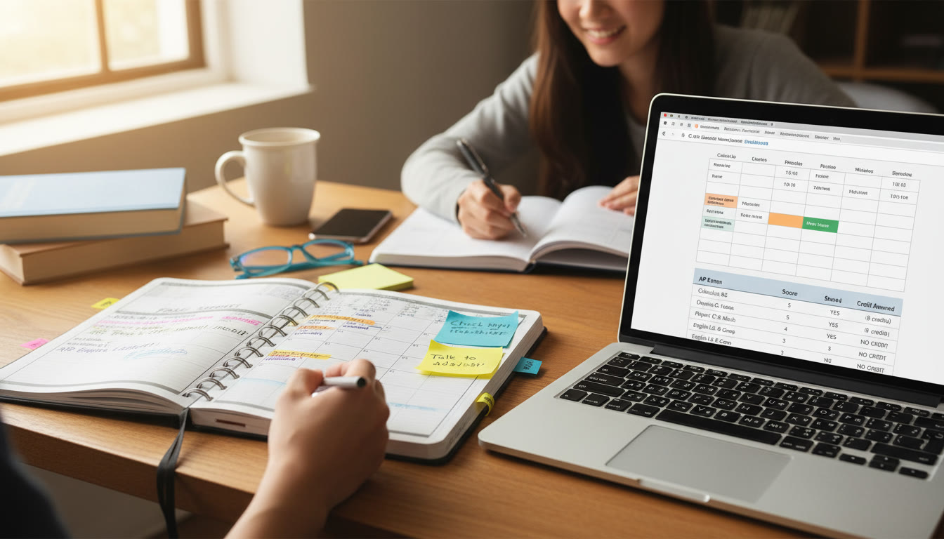 Photo Idea : Close-up of a student’s planner and laptop displaying a course schedule and AP score table, illustrating the decision-making process during shopping period planning.