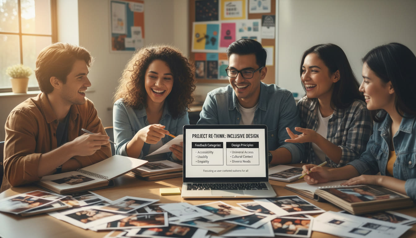 Photo Idea : A classroom peer review session where students review each other's printed portfolios and a laptop shows a slide with clear headings and captions. The image should feel collaborative and focused on inclusive design.