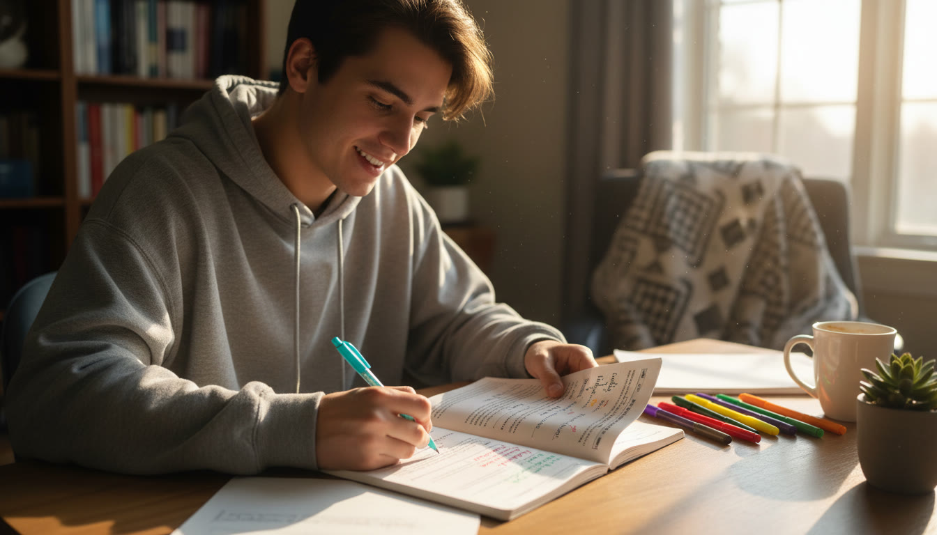 Photo Idea : A focused student at a desk in soft morning light, notebook open, annotating a practice free-response question with colored pens. Shows concentration, not panic.