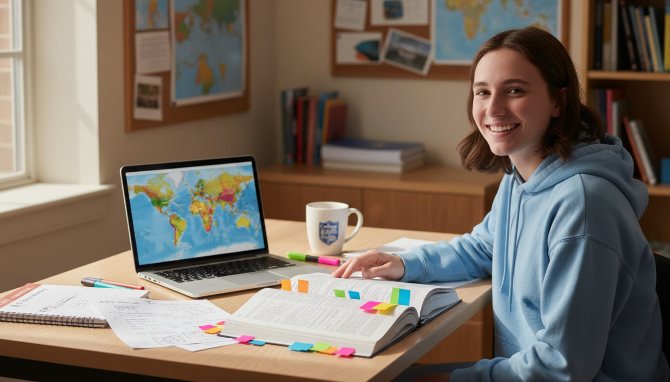Photo Idea : A student at a desk with open notes, colorful sticky tabs, and a laptop showing a world map; the photo emphasizes organized study and comparative thinking.
