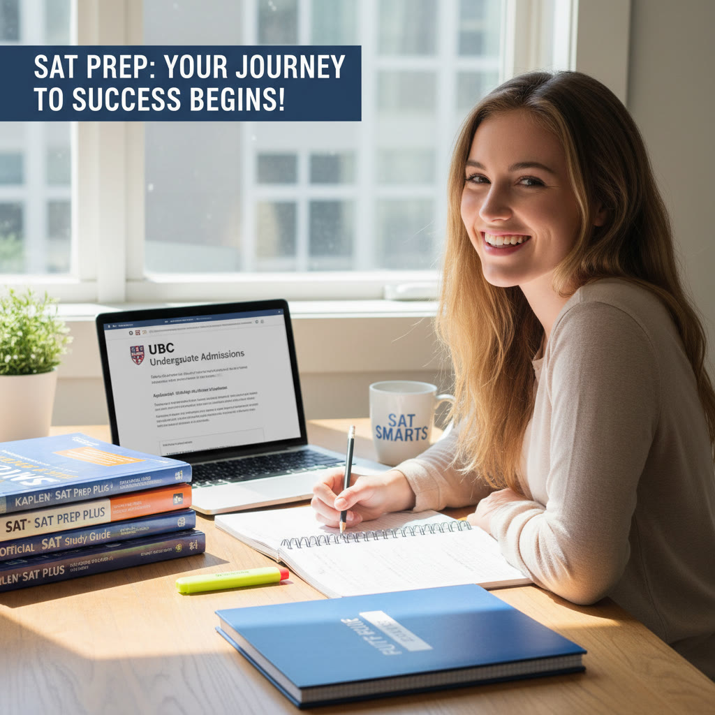 Photo Idea : A student sitting at a sunny desk, laptop open to the UBC admissions page, with practice SAT materials and a planner beside them—capturing planning, research, and focused preparation.