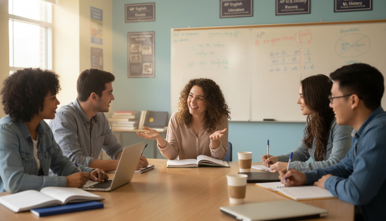 Photo Idea : A warm, candid classroom scene showing a small group of students in a semi-circle, one student speaking while others take notes—captures the collaborative energy of AP discussions.
