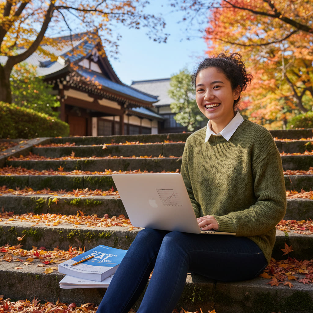 Photo Idea : A bright, hopeful photo of a student sitting on the stone steps of Kyoto University campus, laptop open and SAT practice book beside them, with autumn leaves in the background.