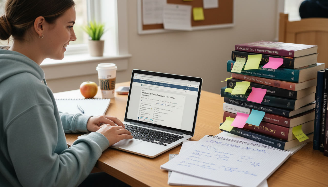 Photo Idea : A focused study scene showing a student using a laptop with AP practice questions on screen, textbooks stacked with post-it notes, and a tutor’s notes beside them—this image should appear near the end of the article to illustrate practical study in action.