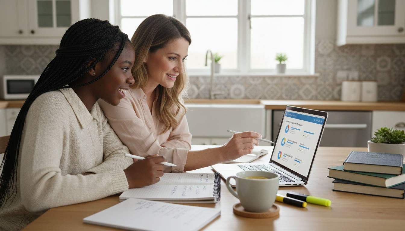 Photo Idea : A bright kitchen table scene with a parent and teen working together at a laptop showing a progress dashboard, a notepad, and a mug of tea—conveys supportive, calm studying at home.