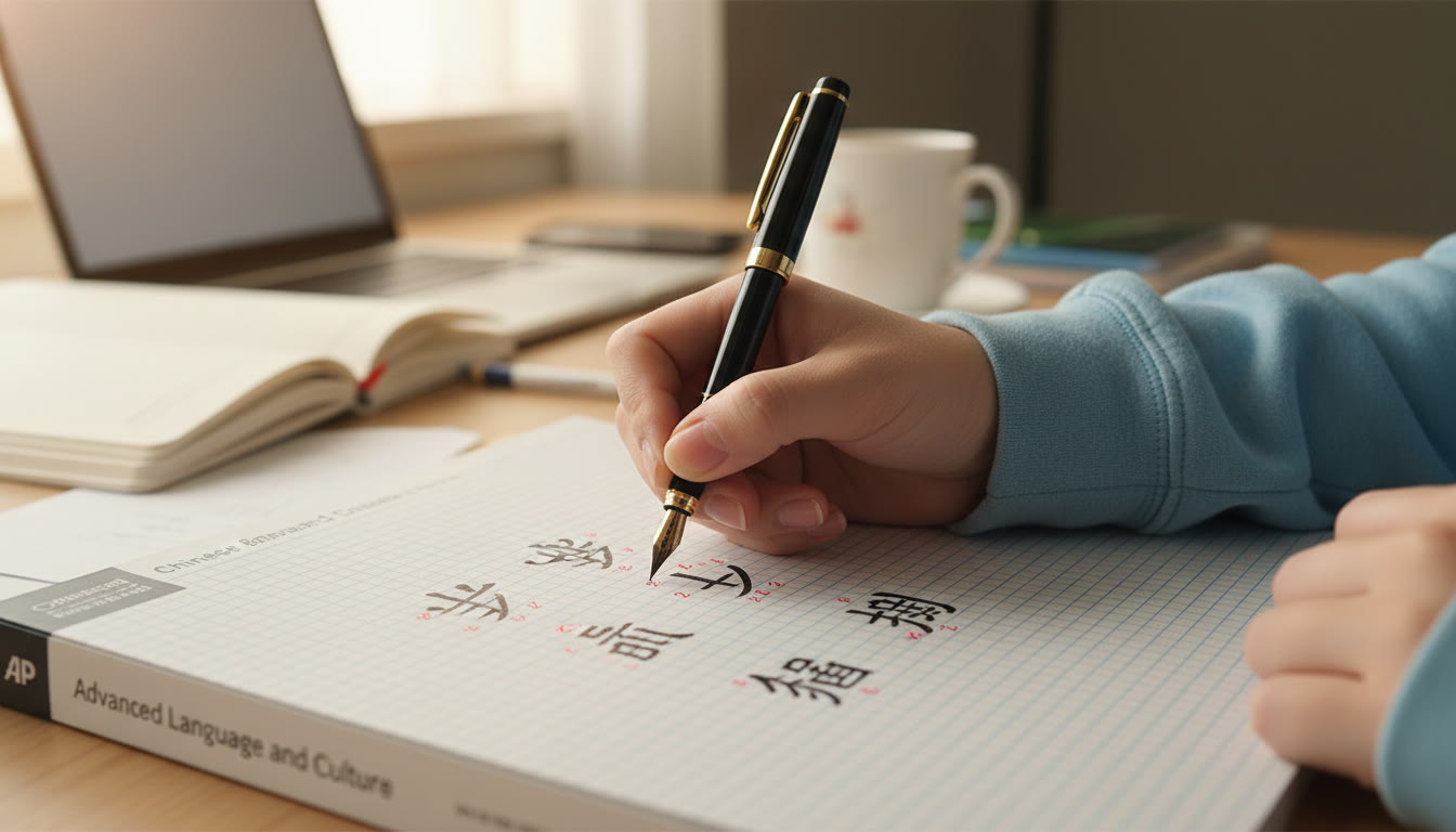 Photo Idea : A close-up of a student’s hand writing Chinese characters with a fountain pen on grid paper, showing clear stroke order numbers beside each stroke.