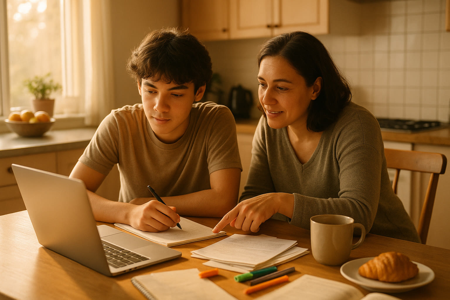 Photo Idea : A parent and teen sitting at a kitchen table with a laptop and study materials spread out; the teen looks focused, the parent supportive — warm morning light, real-life candid moment.