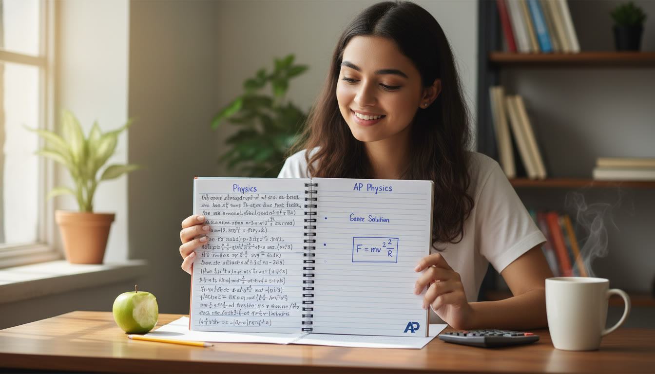 Photo Idea : A student at a desk with a physics notebook open, one page showing a neat CBSE-style derivation and another showing a concise AP-style solution with boxed final answer. Natural light, calm study environment.