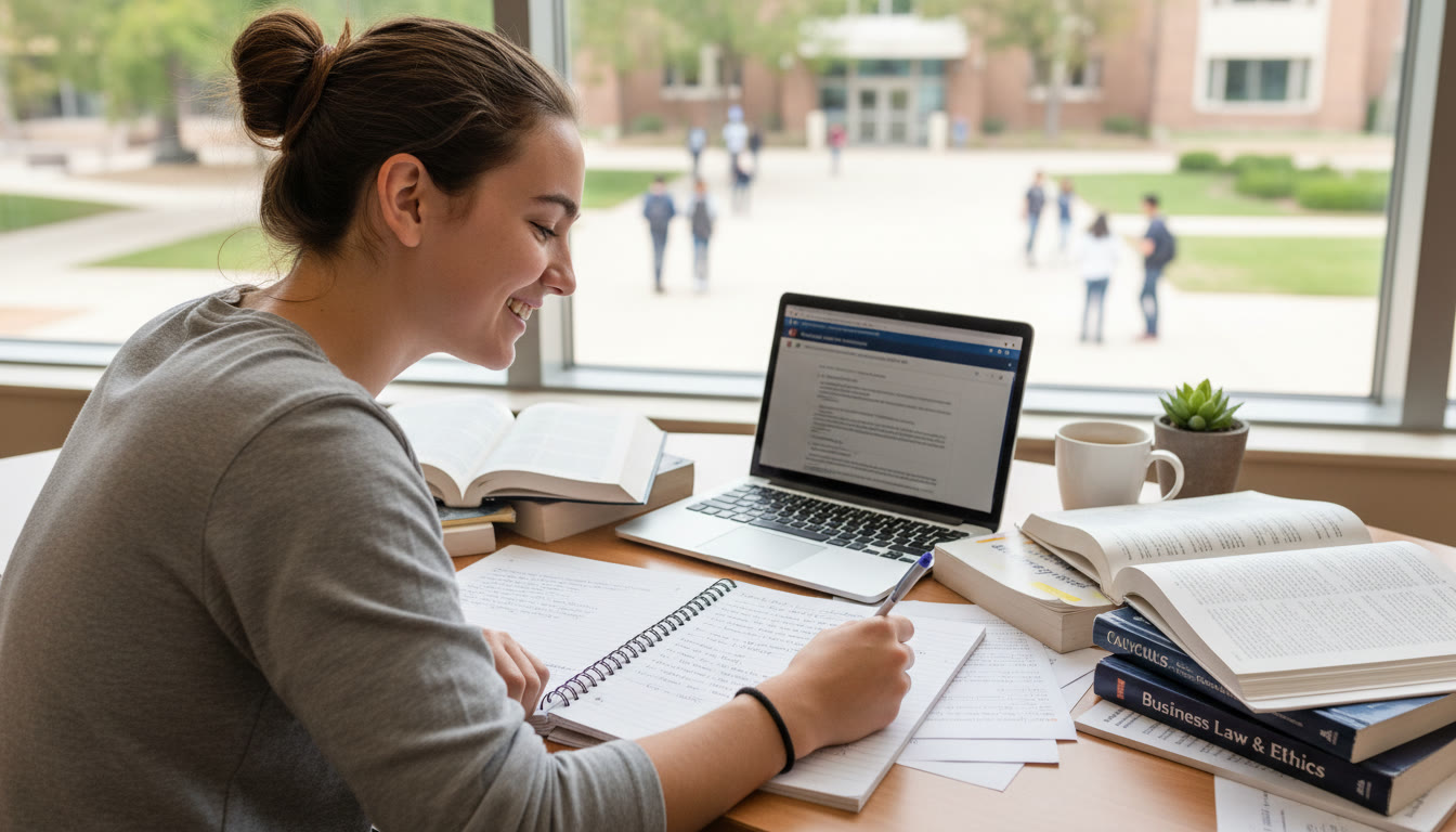 Photo Idea : A high-school student at a desk surrounded by textbooks and a laptop, looking engaged while taking notes — conveys focused AP study for Engineering or Commerce.
