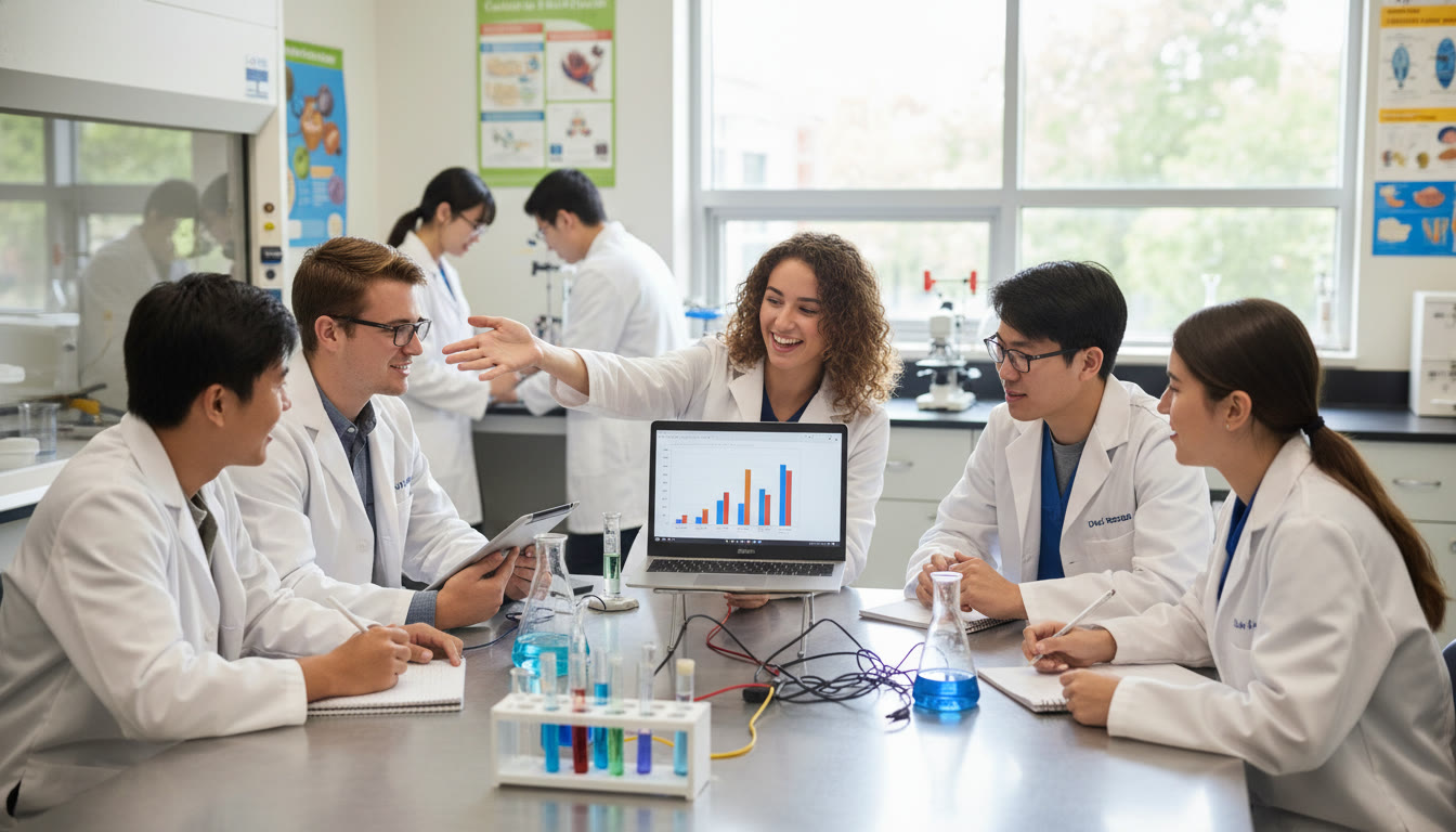 Photo Idea : A high-energy classroom scene with students in lab coats collaborating around a lab bench, one student explaining a graph on a laptop—captures hands-on STEM learning and peer collaboration.