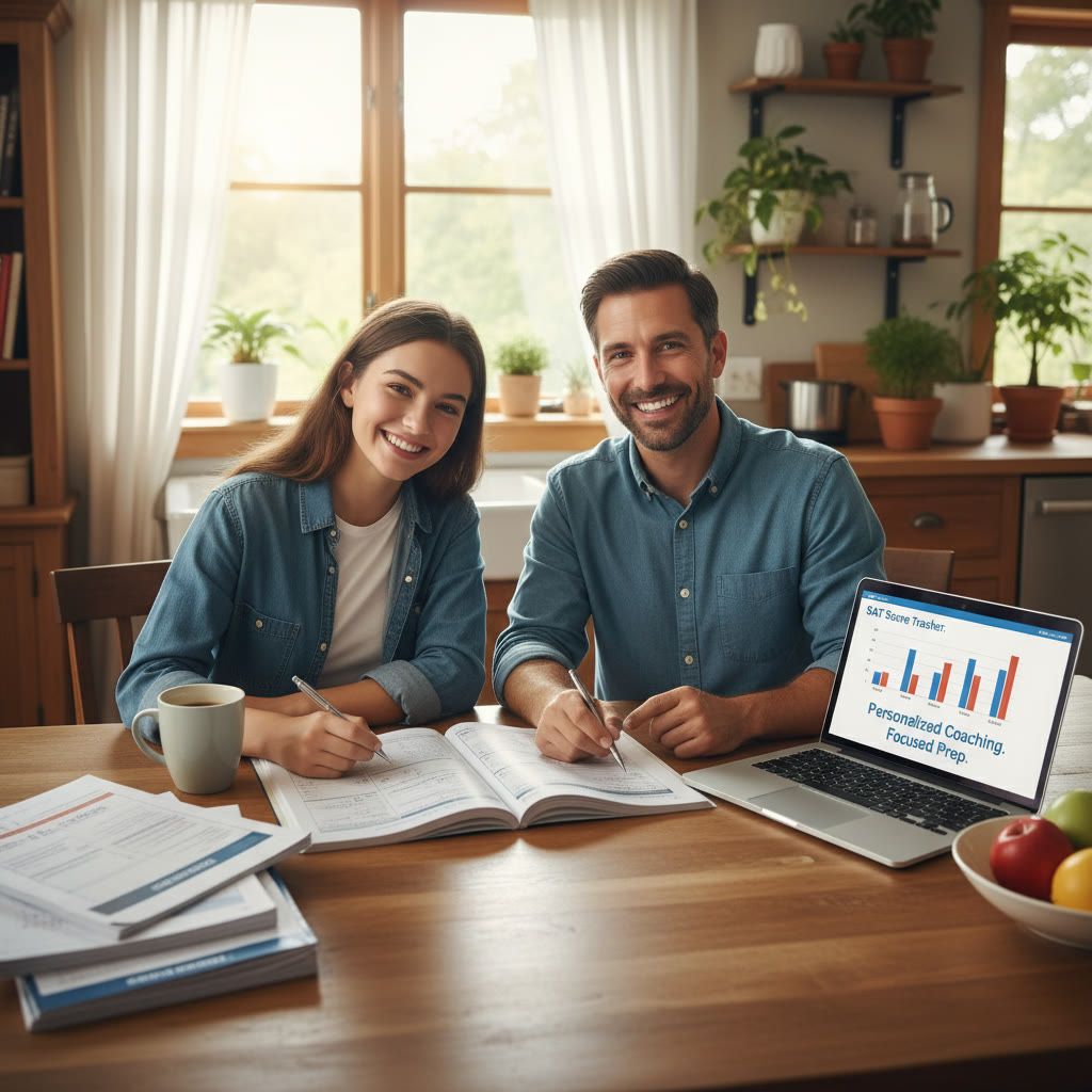 Photo Idea : A study scene: a student and a tutor working at a kitchen table with practice tests laid out and a laptop showing progress tracking—suggests personalized coaching and focused preparation.