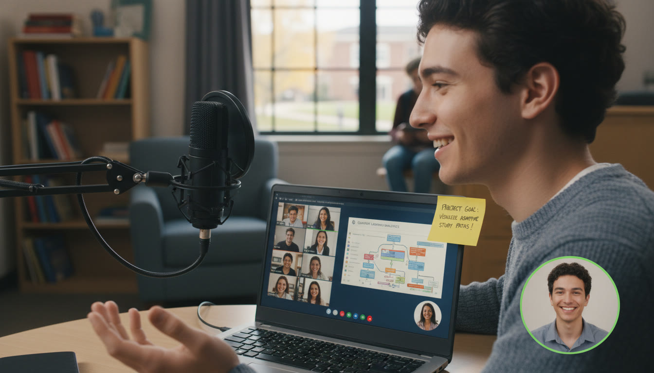 Photo Idea : A still frame-style image idea showing a student presenting a screen-share demo on video — microphone visible, window showing the program in action, and a sticky note with the project purpose. (Place in the middle of the article near video and PPR guidance to reinforce presentation tips.)