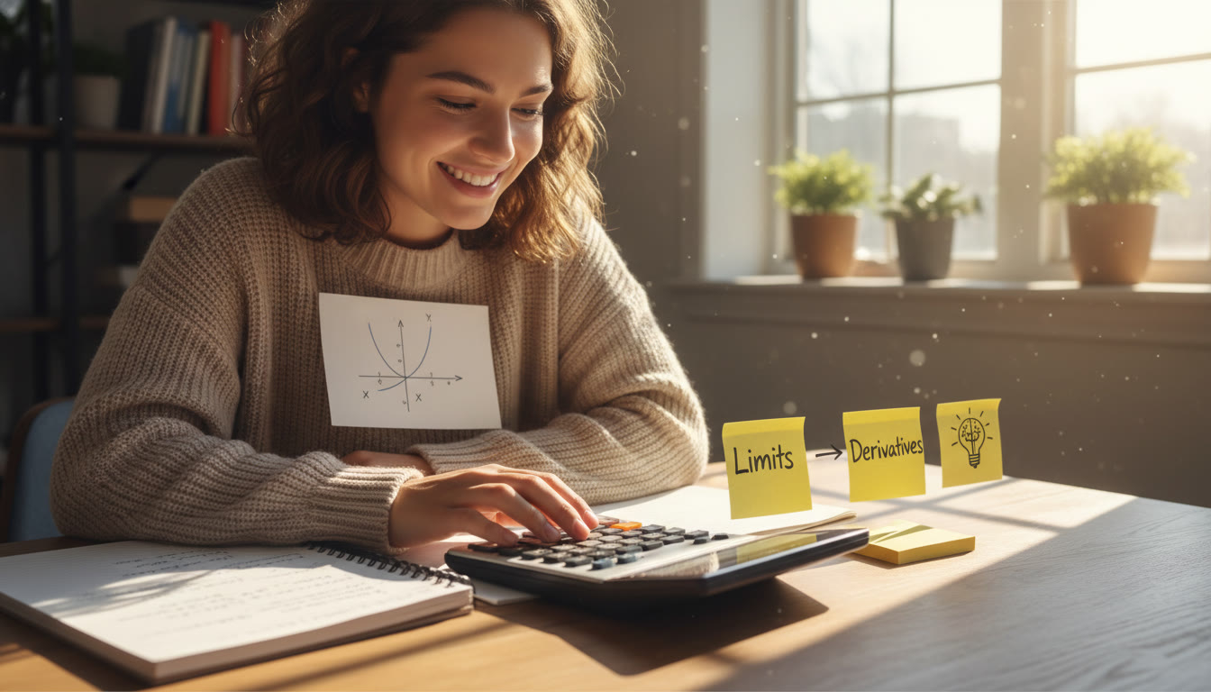 Photo Idea : A student at a desk with a notebook, a graphing calculator open to a function graph, and sticky notes reading “Limits → Derivatives” — warm natural light.