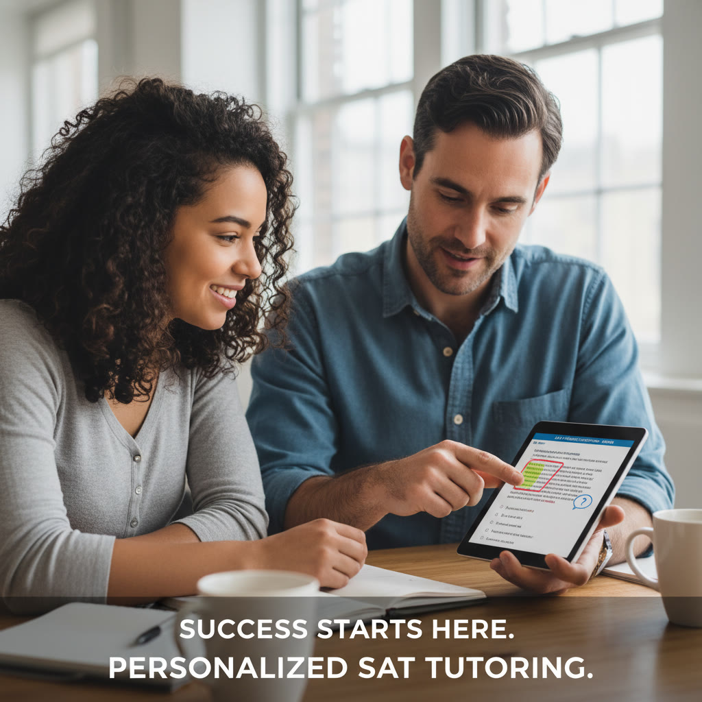 Photo Idea : A small-group tutoring scene with a student and tutor reviewing digital SAT practice questions on a tablet, tutor pointing at a highlighted passage—warm, collaborative energy to showcase personalized tutoring.