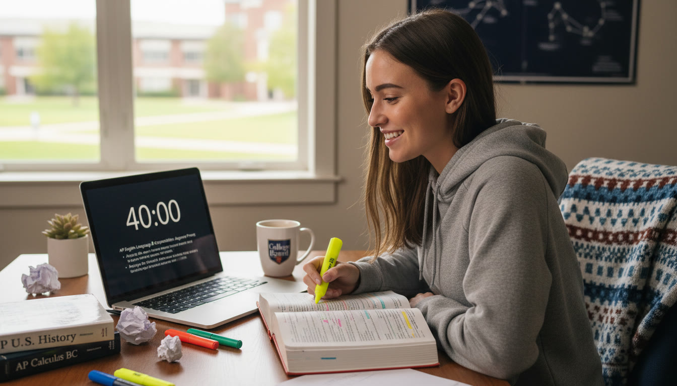 Photo Idea : A focused student at a desk with AP textbooks, highlighters, and a laptop displaying a timed essay prompt—captures exam preparation mood and concentration.