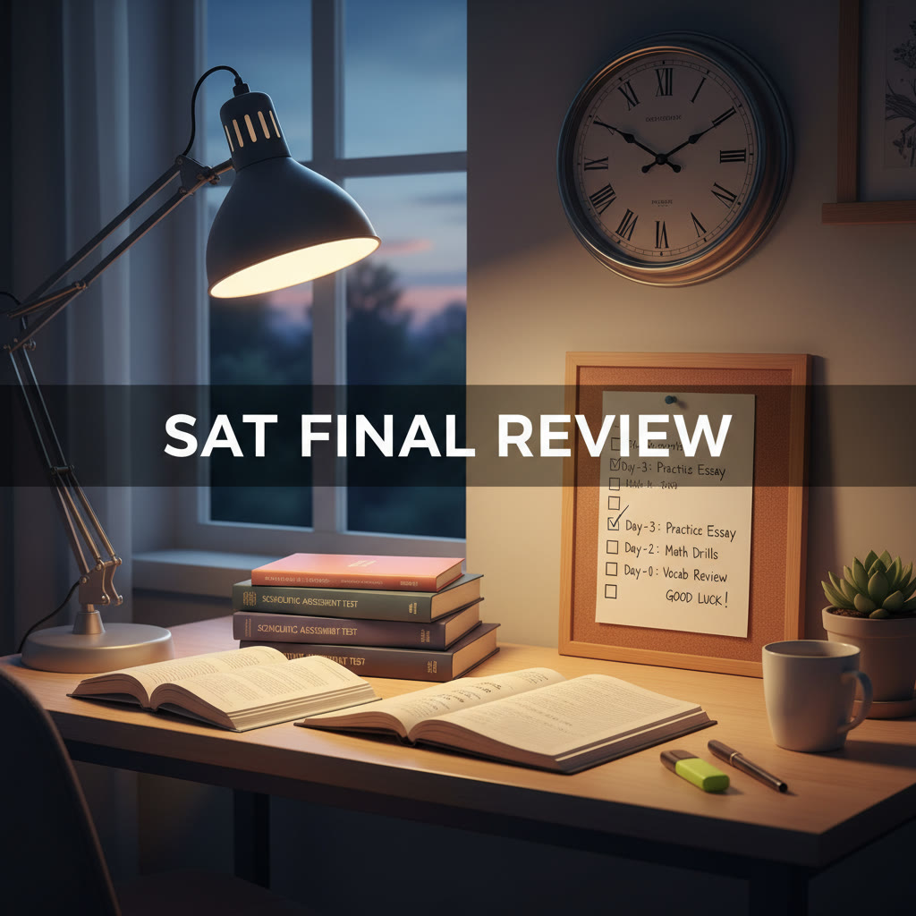 Photo idea: A calm study desk with a few neatly organized books, a clock showing an early evening time, and a small checklist labeled