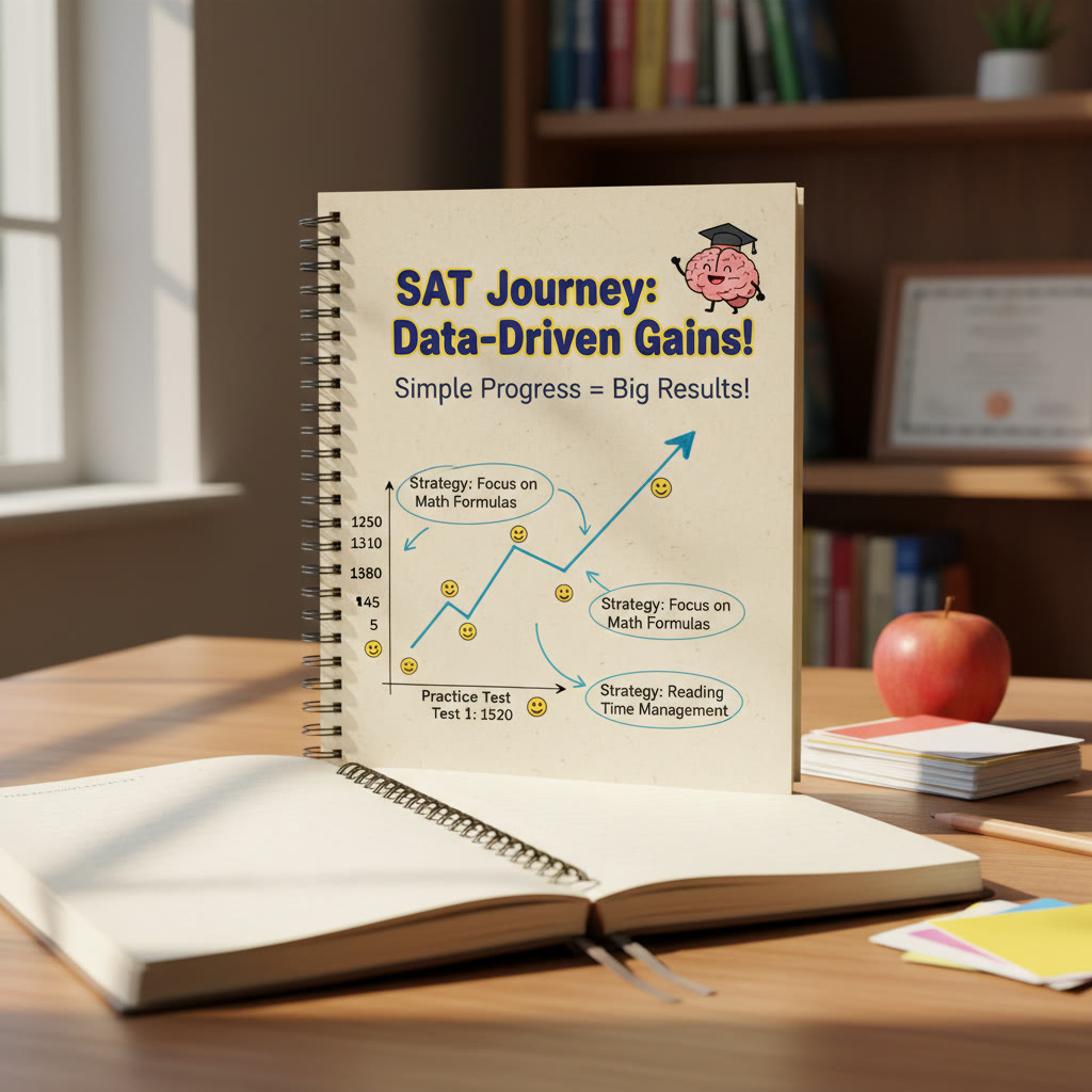 Simple progress chart drawn in a journal showing practice test scores over time with annotations pointing to strategy changes — illustrates data-driven improvement.
