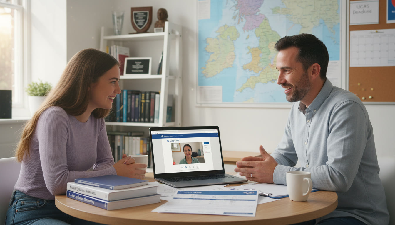 Photo Idea : A student meeting with a tutor over a laptop, with printed A-Level syllabi and an AP score report visible — illustrating guided preparation for UCAS applications.