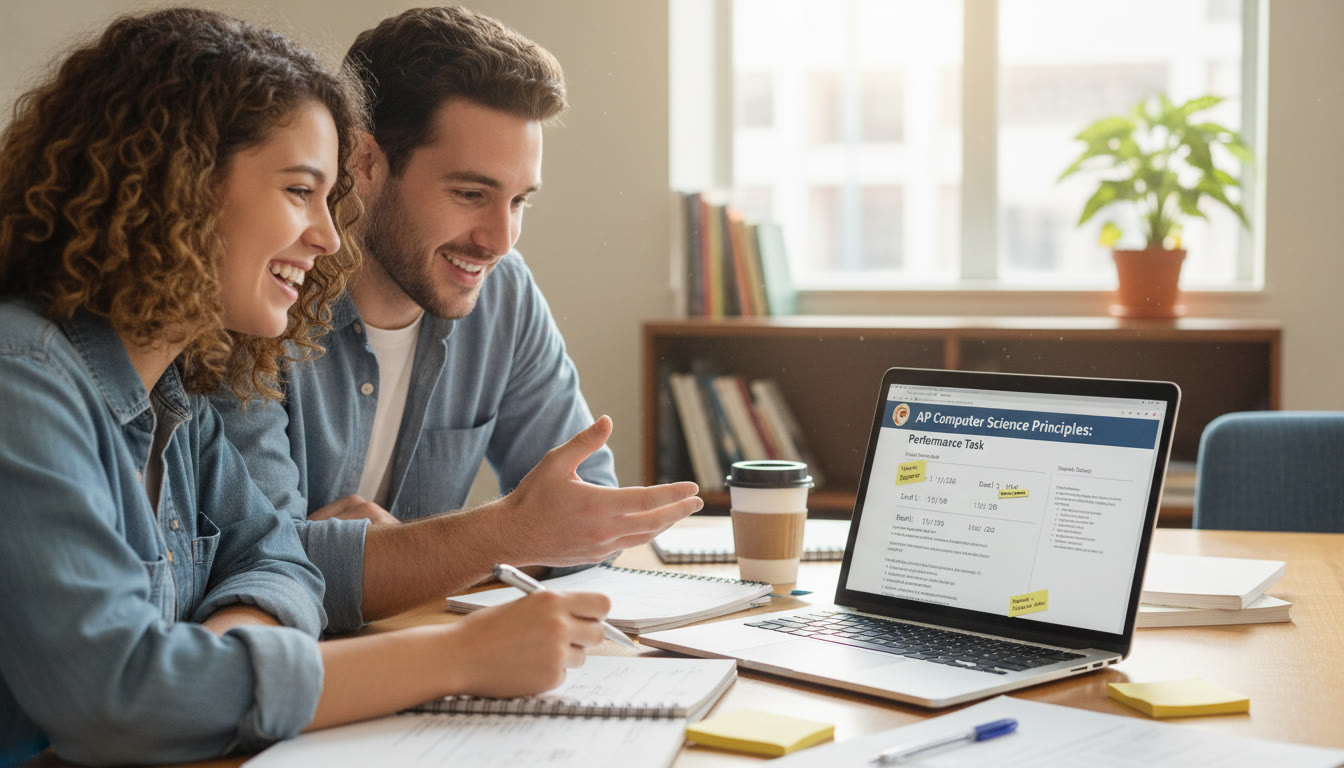 Photo Idea : A reassuring image later in the piece: a student and a tutor reviewing a performance task together on a laptop, with notes showing drafts and timestamps — conveys preparation, documentation, and calm problem solving.