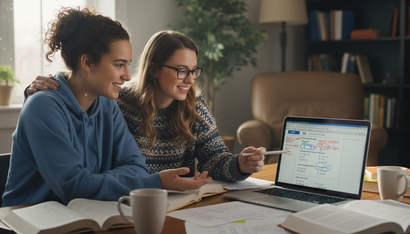 Photo Idea : A warm photo of a student and tutor mid-session, pointing at a laptop screen with practice problems and annotated feedback. The scene suggests teamwork and targeted coaching.
