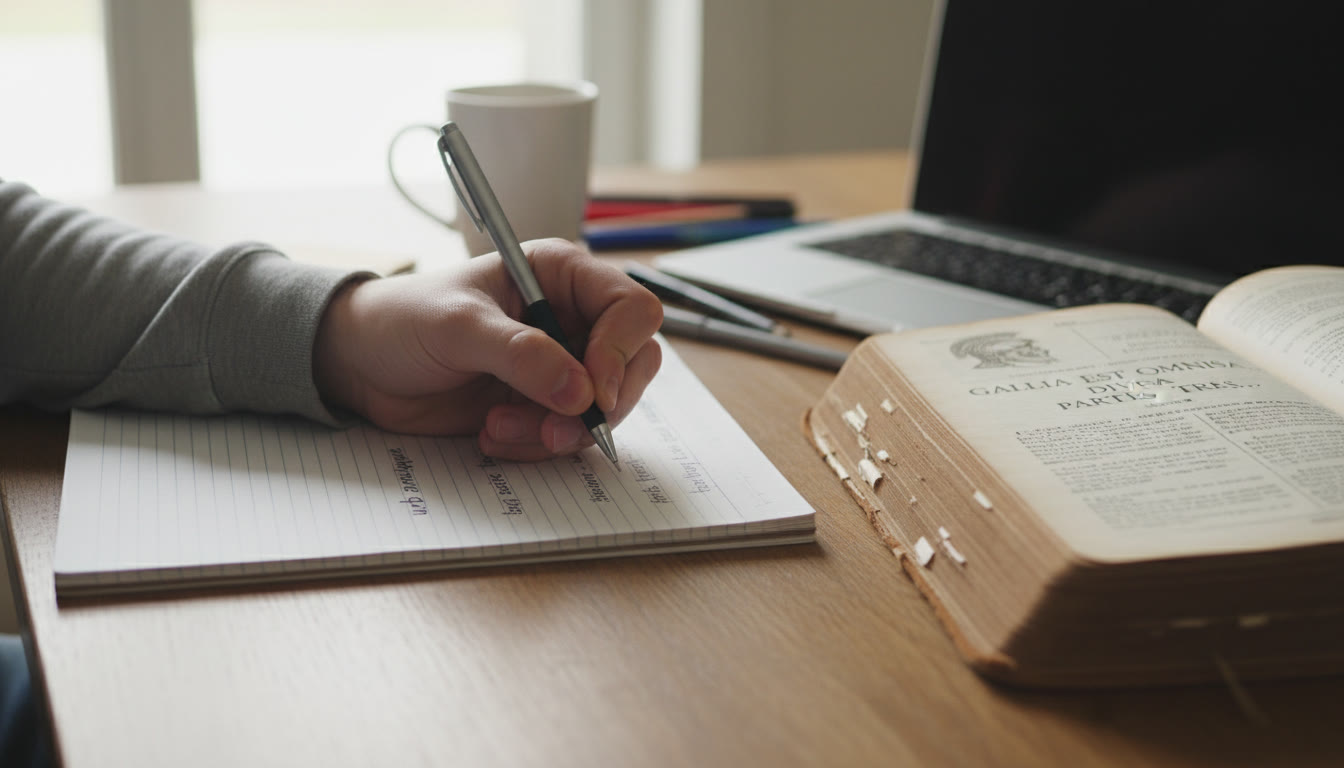 Photo Idea : A close-up of a student’s hand writing a translation in a notebook with a worn Latin text open nearby; soft natural light emphasizing focus and texture.