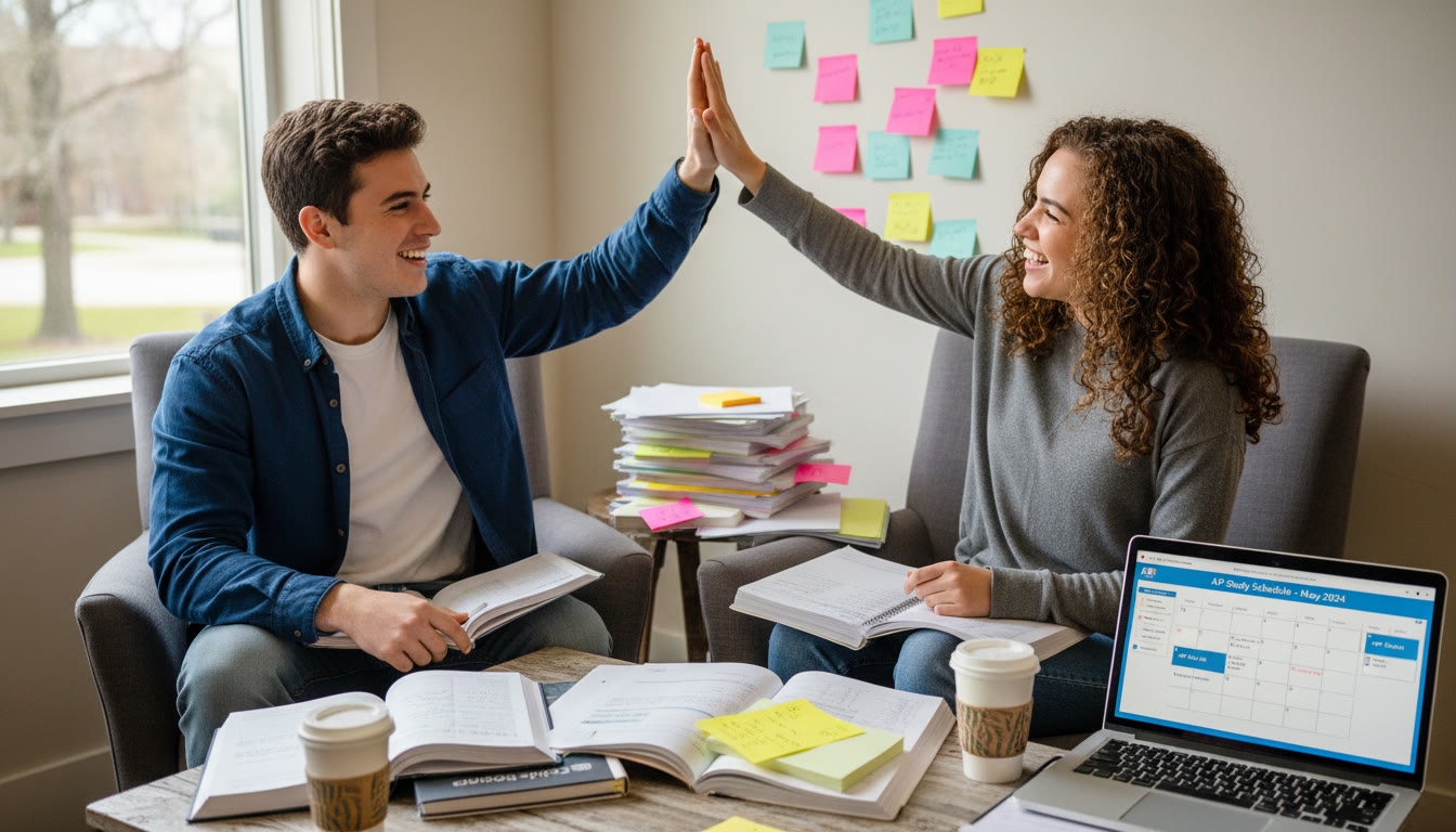 Photo Idea : Two students in a cozy study spot comparing notes and high-fiving after finishing a timed practice section, with sticky notes and a laptop showing a study schedule.