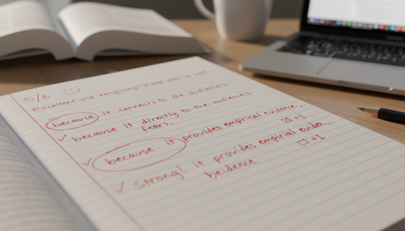 Photo Idea : A close-up of a graded AP free-response page with comments in red pen, highlighting concise 