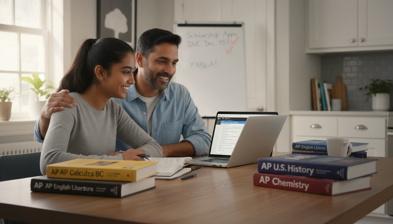 Photo Idea : A bright, hopeful photo of a student and parent at a kitchen table surrounded by AP textbooks and a laptop displaying SAT practice questions capturing the family teamwork that often accompanies scholarship planning.