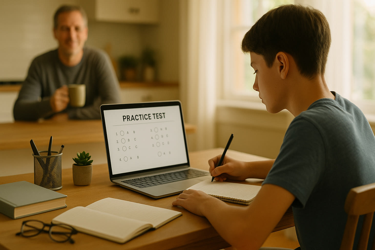 Photo Idea : A student sitting at a tidy desk with a laptop open to a practice test, a parent sipping coffee in the background giving a supportive smile — capturing calm supervision rather than hovering.