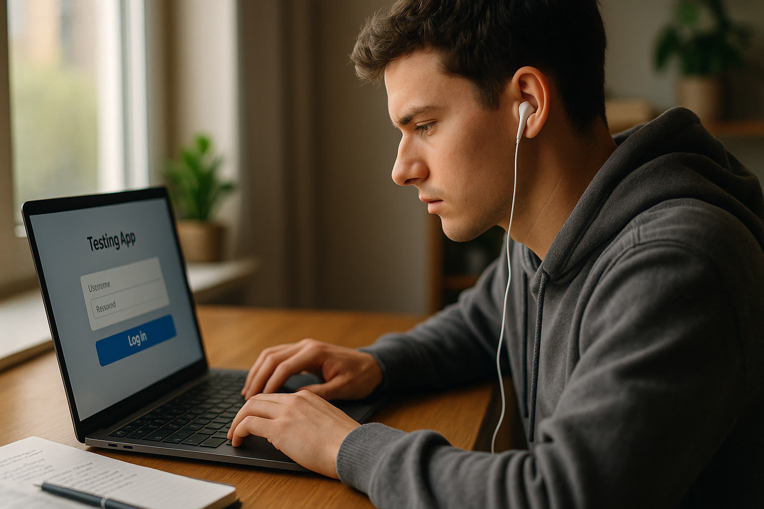 Photo Idea : Close-up of a student using a laptop with the testing app login on screen, a notepad, and earbuds; natural light, focused expression.