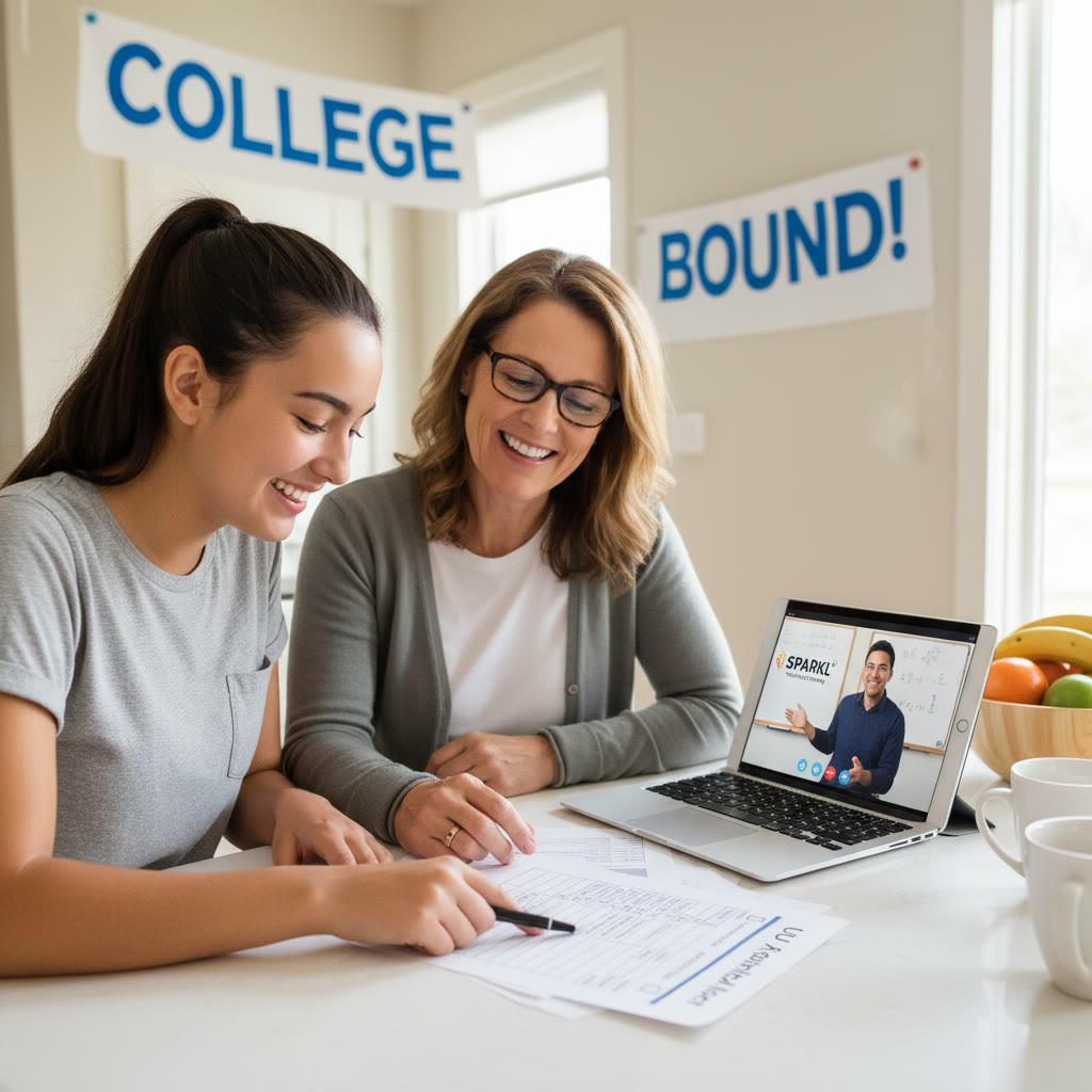 Photo Idea : Parent and student reviewing a mock UCI application checklist at a kitchen table, with a Sparkl tutoring session visible on a tablet screen — showing a calm, collaborative approach to college planning.