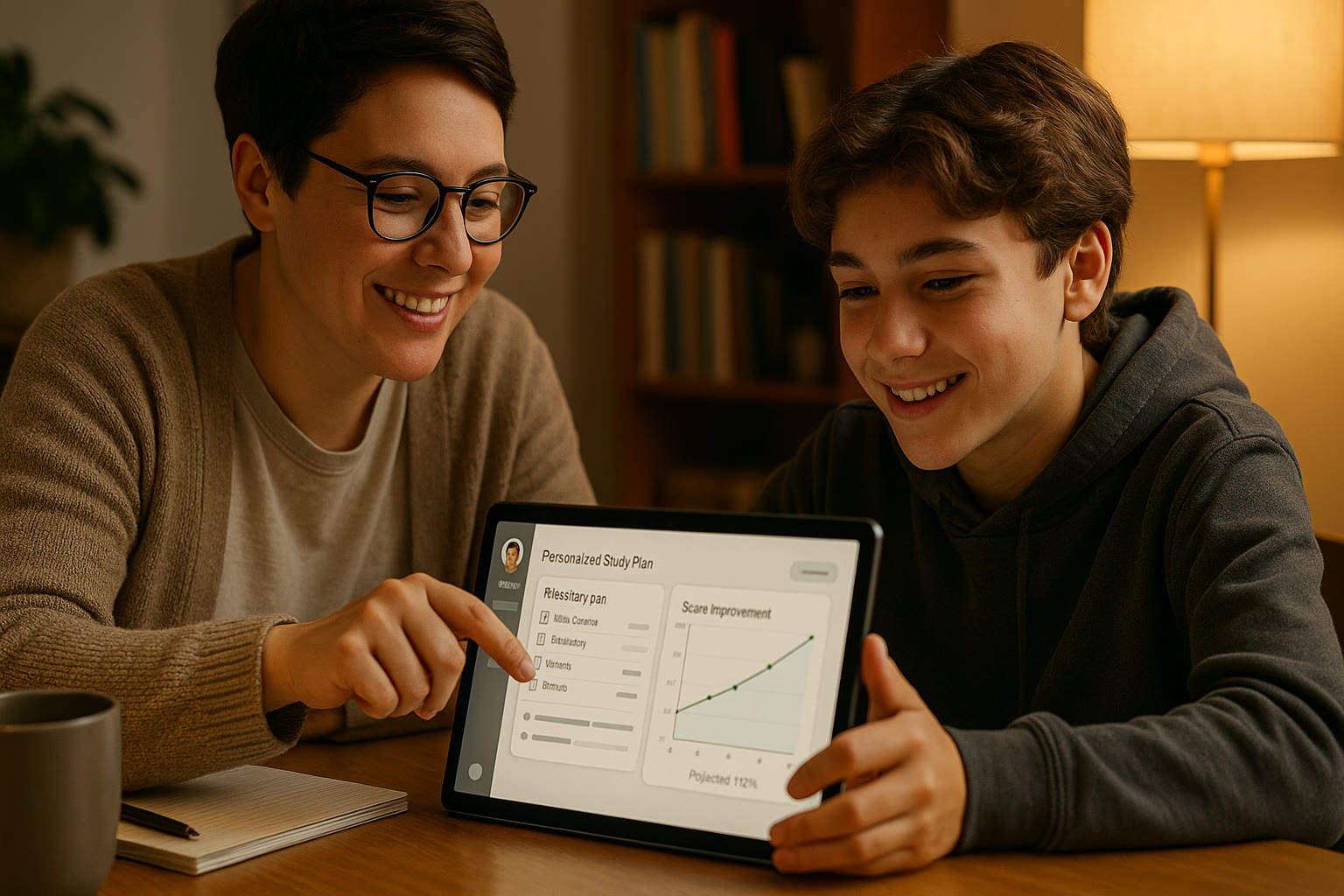 Photo Idea : A friendly tutor (virtual or in-person) working with a student over a tablet, showing a personalized study plan and a score-improvement graph—warm lighting, engaged expressions.