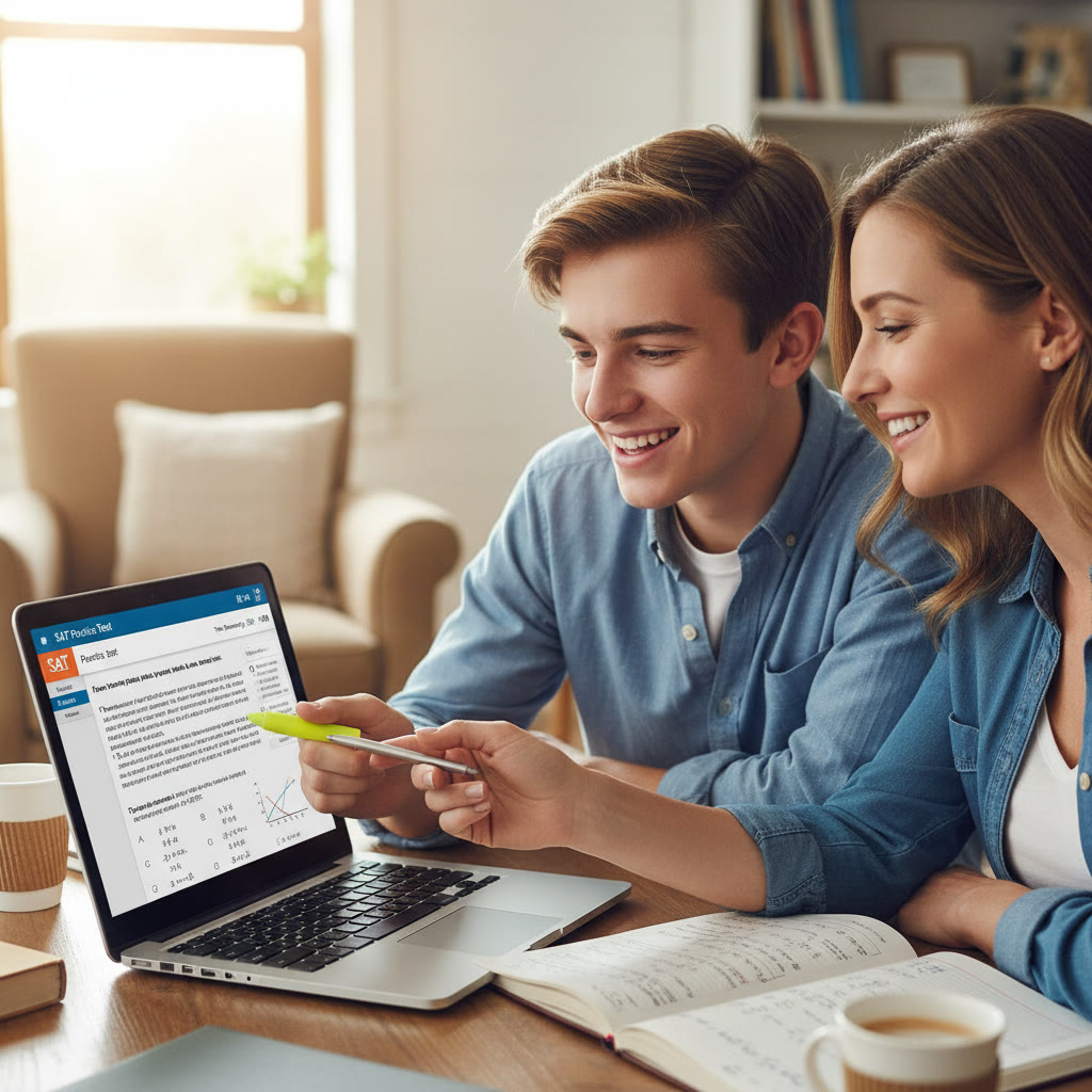 Photo Idea : A close-up of a student and a tutor working collaboratively at a laptop with practice SAT problems on screen; warm, engaging atmosphere to represent personalized tutoring.