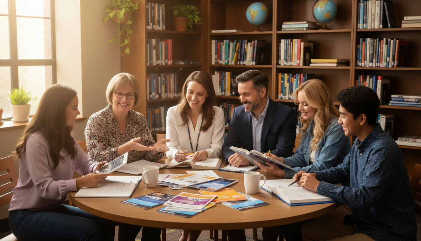 Photo Idea : A lively weekly counseling meeting around a round table in a small high school library — counselor, two teachers, and three students discussing AP course options with smiles and papers spread out.