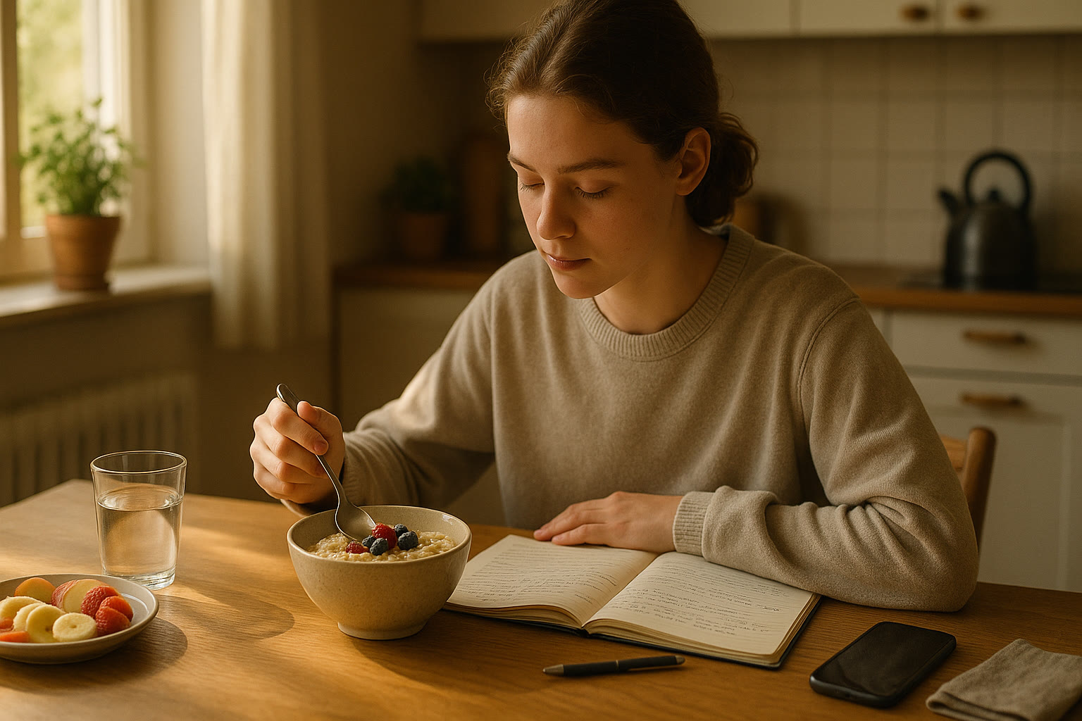 Photo Idea : A warm, natural light photo of a teen sitting at a kitchen table with a balanced breakfast (oatmeal, fruit, water) and a study notebook beside them—conveys calm morning routine and fuel for focus.