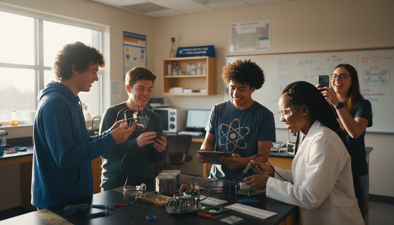 Photo Idea : A snapshot of a Kansas high school science lab with students collaborating on a robotics project, capturing both hands-on engineering and teamwork—bright, candid, and energetic.