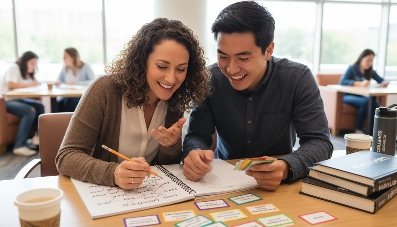 Photo Idea : A close-up of a tutor and student (diverse ages) reviewing a notebook together; the page displays a morphology map and flashcards. The composition should feel collaborative and energetic, highlighting one-on-one coaching.
