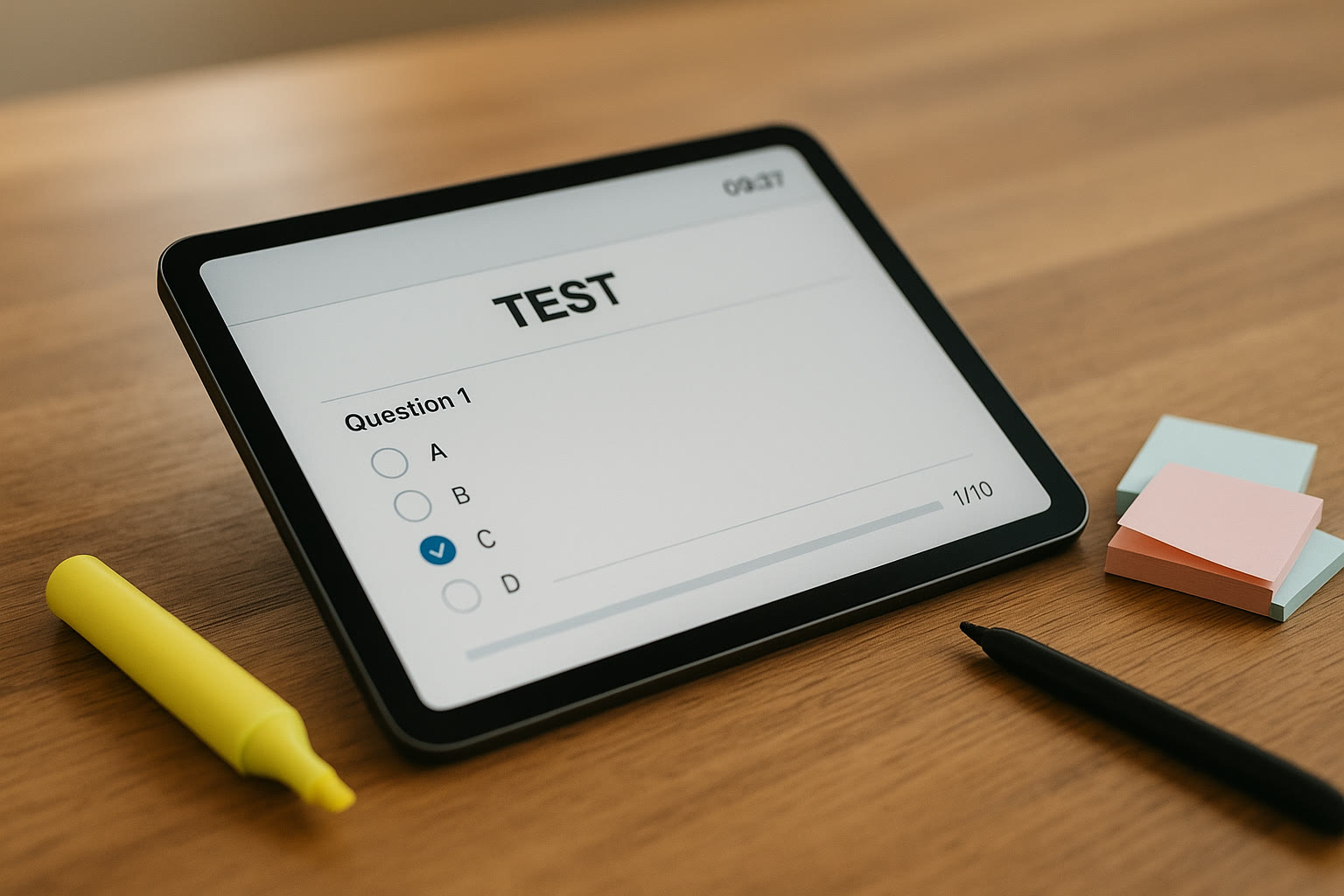 Photo Idea : A close-up of a tablet on a desk showing a digital test interface, with a highlighter and sticky notes nearby—clean, focused composition.