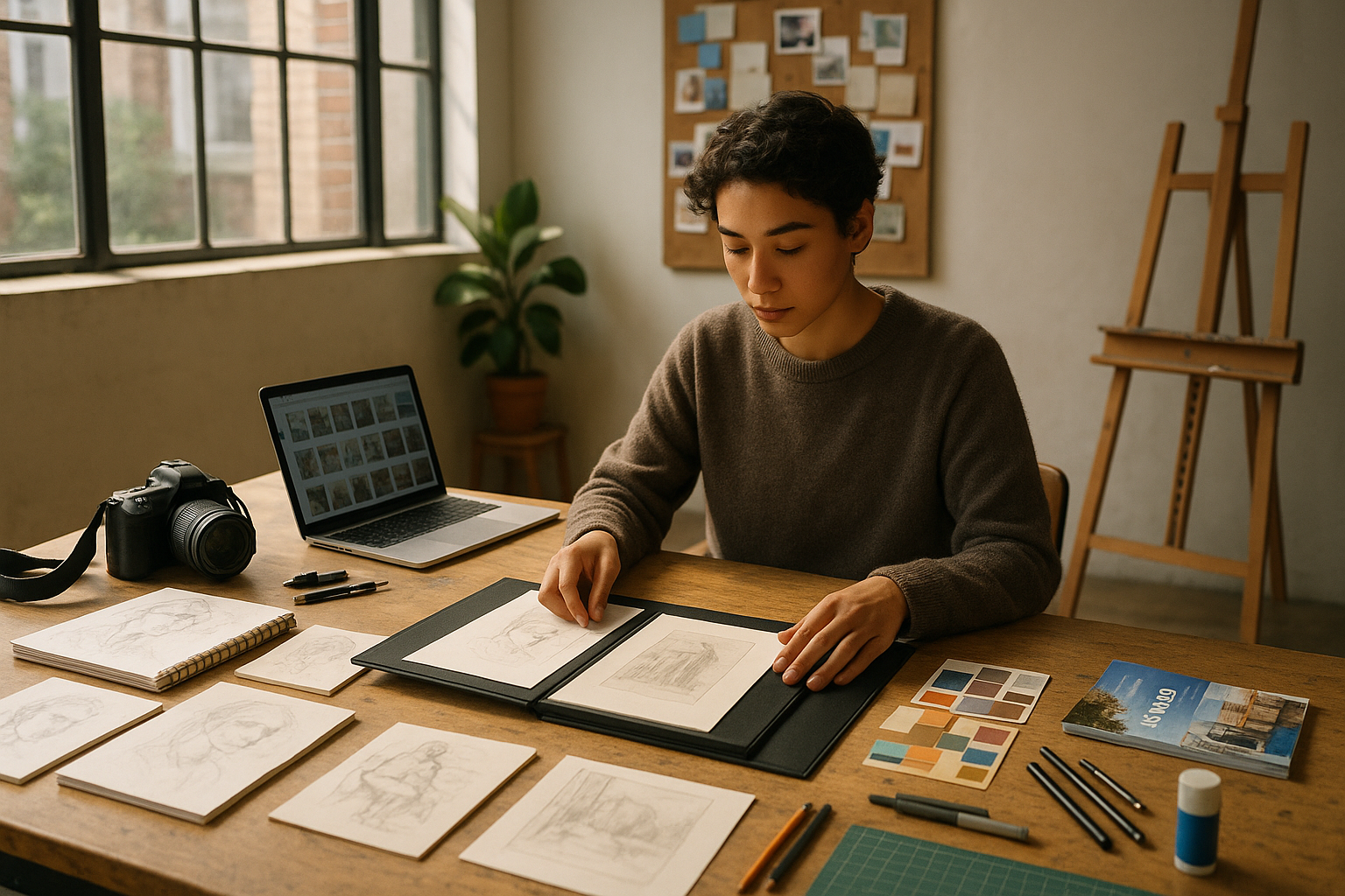 Photo Idea : A student in a bright studio arranging a portfolio; tools like sketchbooks, camera, and laptop visible, conveying creativity and college preparation.