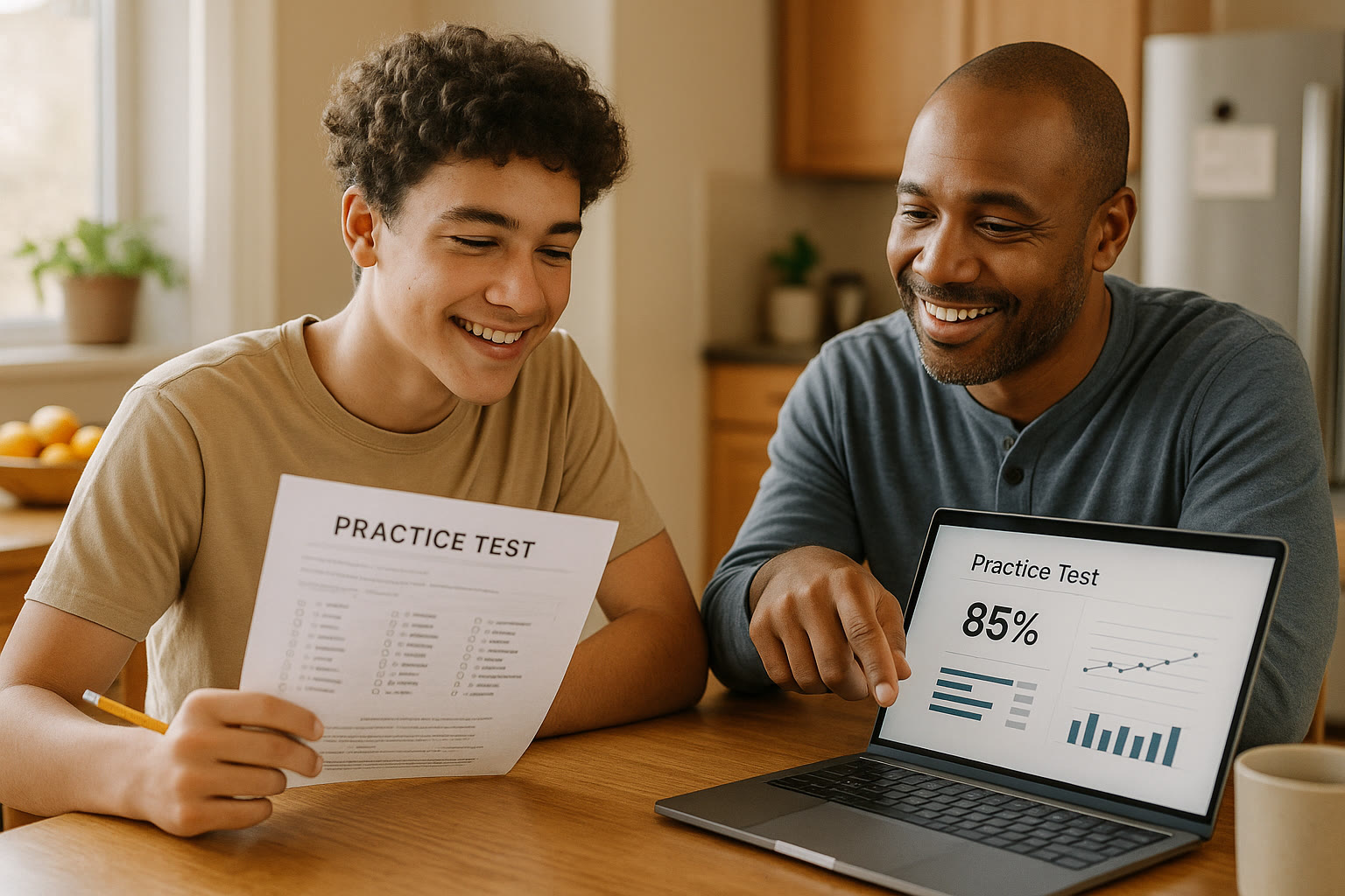 Photo Idea : A student and a parent sitting at a kitchen table reviewing a practice test together, both smiling and calm, with a laptop showing practice score details.