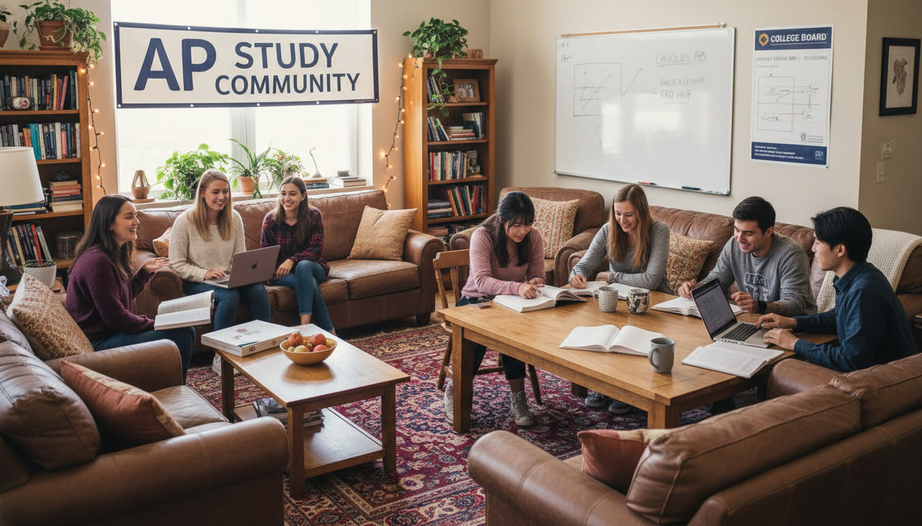 Photo Idea : A cozy residential college common room with students studying together and a resident advisor chatting with a group — evokes community, mentorship, and belonging.