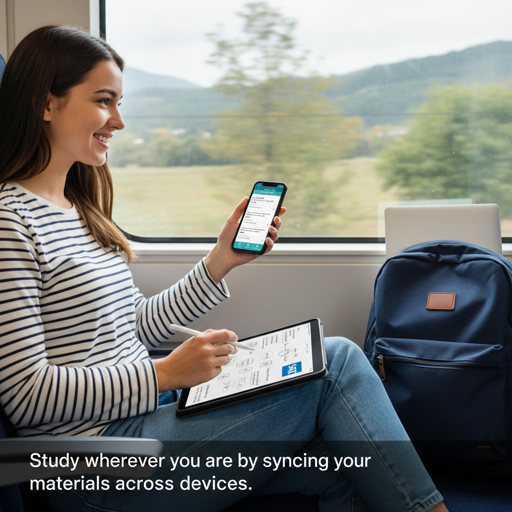 Photo idea: Student studying on a train with phone in hand, tablet on lap for note-taking, and a laptop backpacked beside them — caption: 