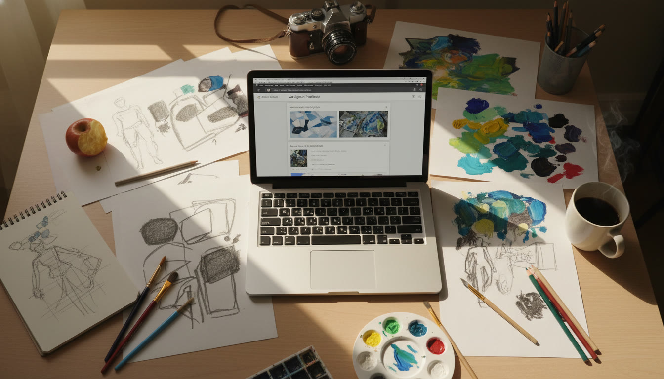 Photo Idea : A top‑down shot of a student’s workspace mid‑process — sketches, paint swatches, a camera, and a laptop showing the AP Digital Portfolio interface. Bright natural light; warm, inviting tones.