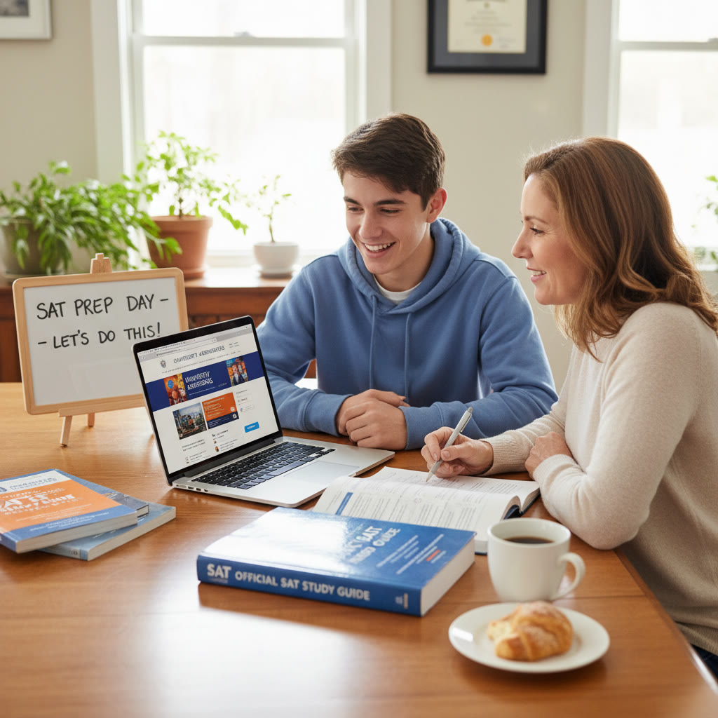 Photo Idea : A high school student and parent at a dining table, laptop open to a college admissions page, SAT practice booklets and coffee nearby—warm, collaborative scene.