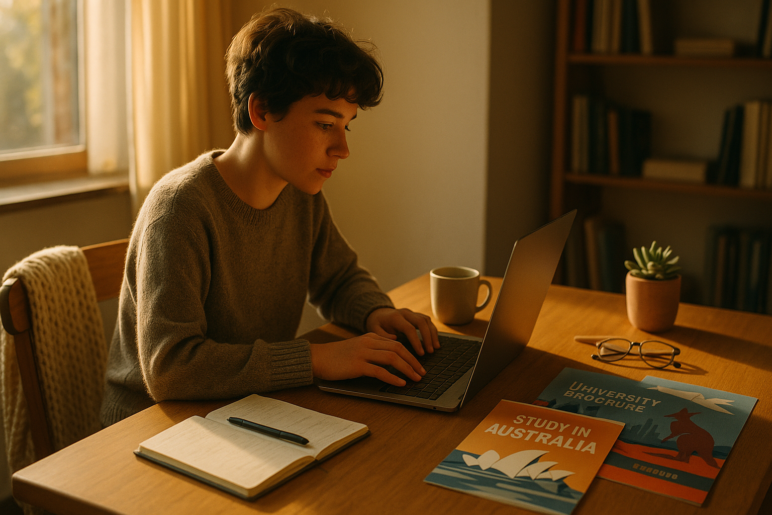 Photo Idea : A bright, warm photo of a student in a cozy study nook using a laptop with a notepad beside them and Australian university brochures on the table.