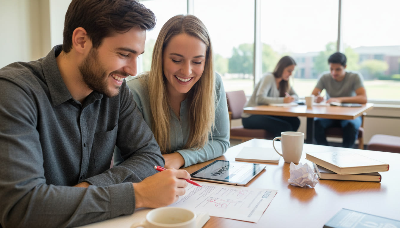 Photo Idea : A candid shot of a student and a tutor reviewing a scored FRQ together, red pen marking a DAC structure on the page—this image should appear closer to the end of the article to illustrate how one-on-one feedback (such as from Sparkl) looks in practice.
