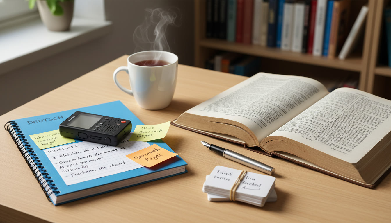 Photo Idea : A cozy study scene with a student’s desk: one side has a German notebook with a recording device and sticky notes in German; the other side shows a Latin textbook open to a passage with marginal glosses, a fountain pen, and a small stack of flashcards.