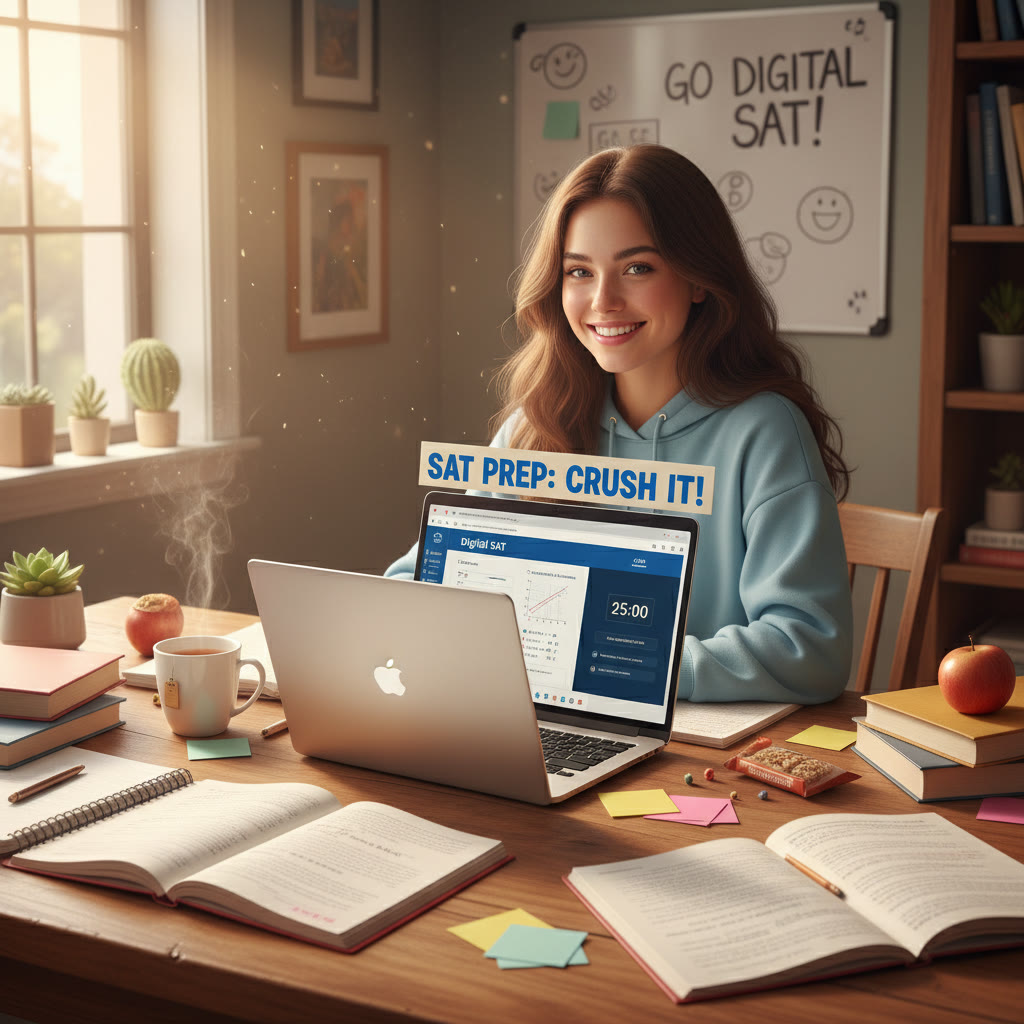 Photo Idea : A student at a light-filled desk, surrounded by lab notes and a laptop showing practice Digital SAT problems — natural, focused study scene to fit near this section.