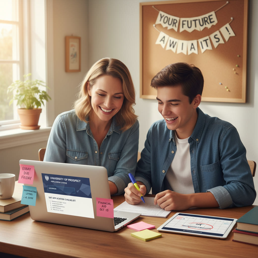 Photo Idea : A parent and student reviewing an application checklist at a kitchen table, with a laptop open to a college application portal and sticky notes showing deadlines — warm, collaborative moment.