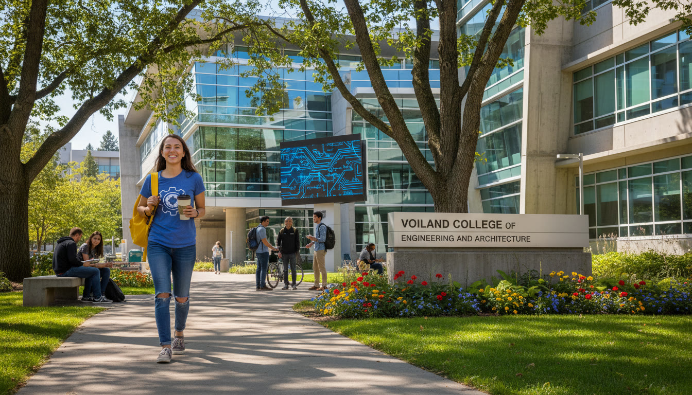Photo Idea : A sunny campus shot of a student with a backpack walking past a modern engineering building — represents the Voiland College environment and future possibilities.